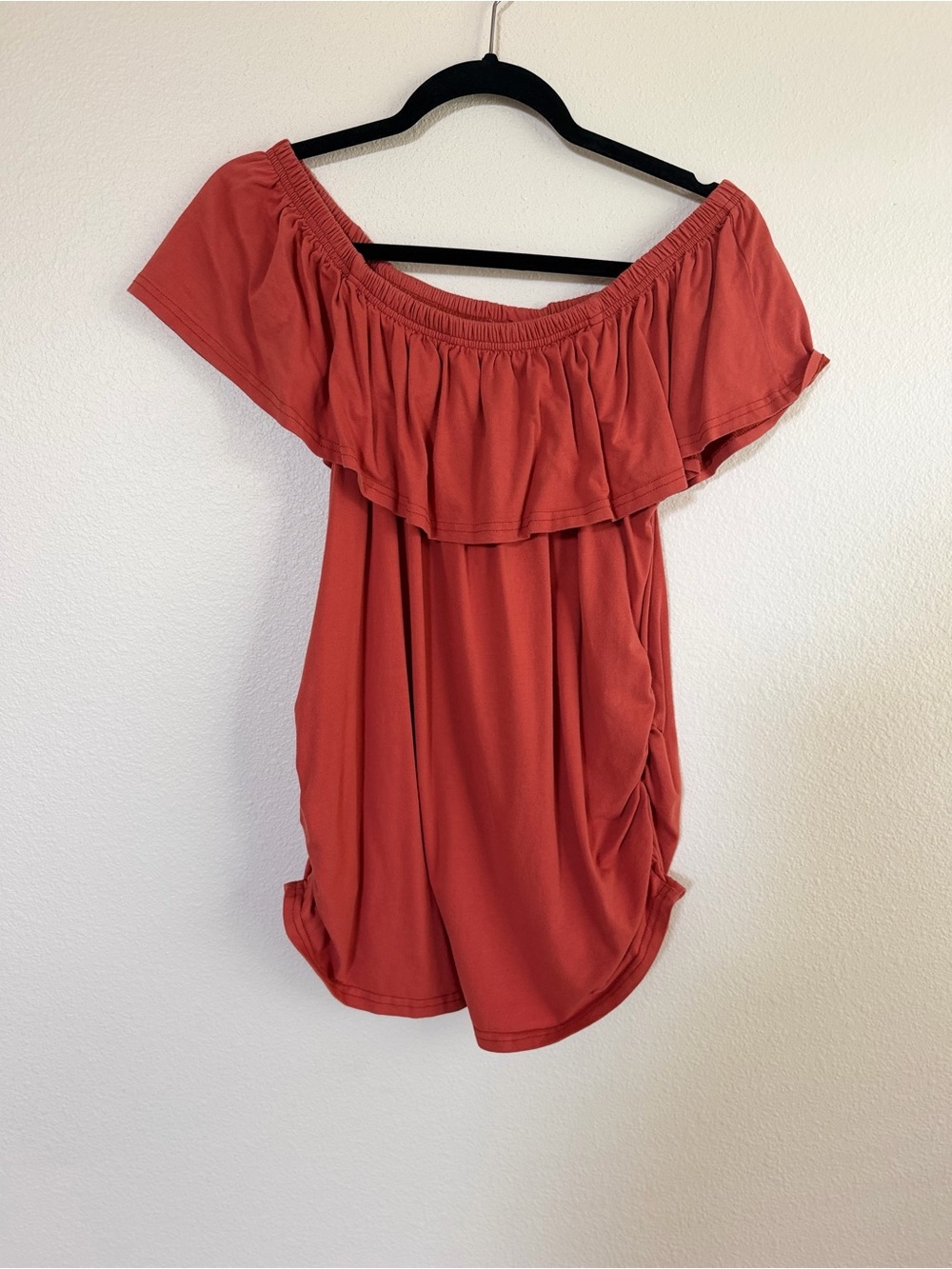 Off-Shoulder Maternity Ruffle Top in Terracotta